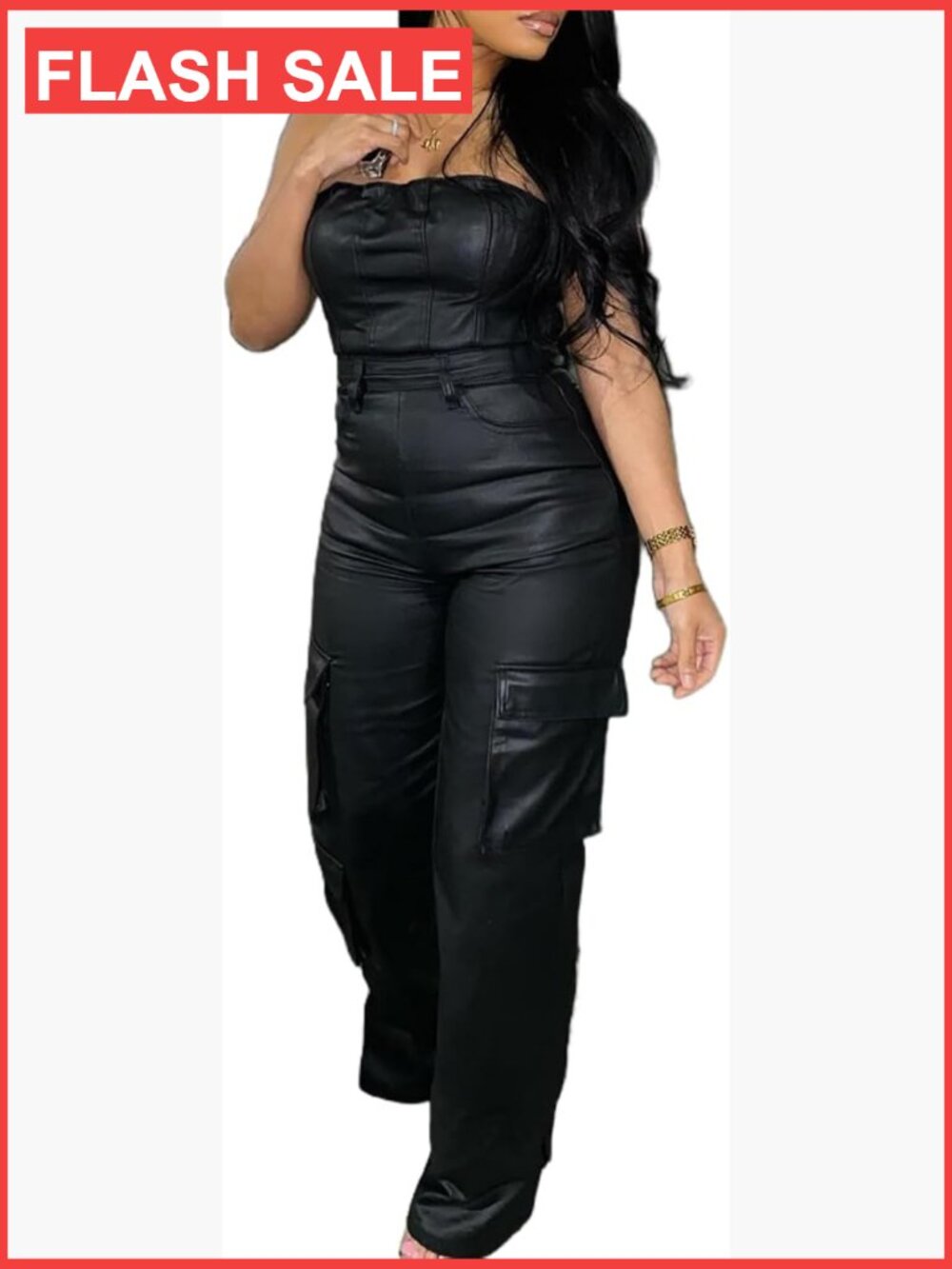 PU Leather Jumpsuit Sexy Off-Shoulder Top Tight Waist Cargo Pants Bodysuit